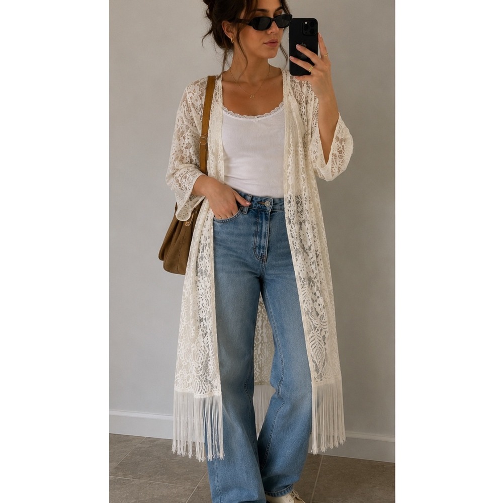 Questions Ivory Lace Longline Kimono Cardigan with Fringe Trim Boho Cream 3X